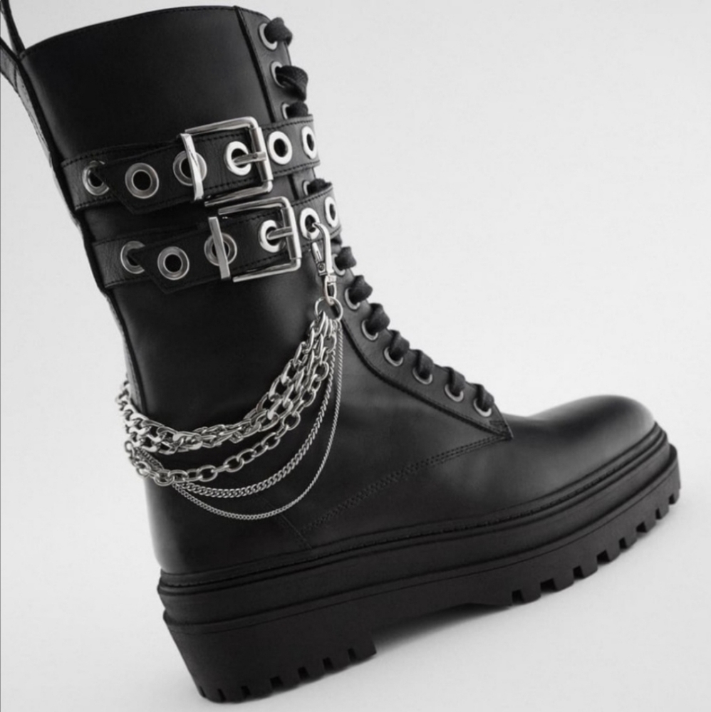 NWT Zara Low Heel Leather Combat Boots